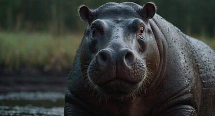 Fototapeta premium Big Hippopotamus with thick skin in Cloudy Weather. Animal Life. imitation of analog photography