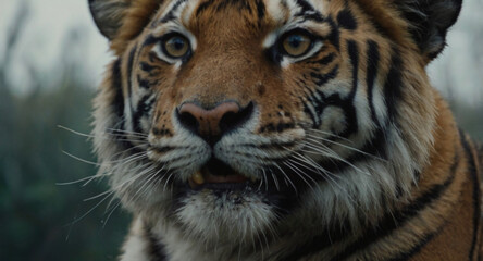 Fototapeta premium A tiger with an attentive expression. hunter's look. Close-up. imitation of analog photography