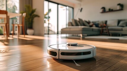 A bright room with a working vacuum cleaner