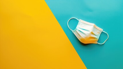 Medical background with white surgical mask on yellow and blue backdrop