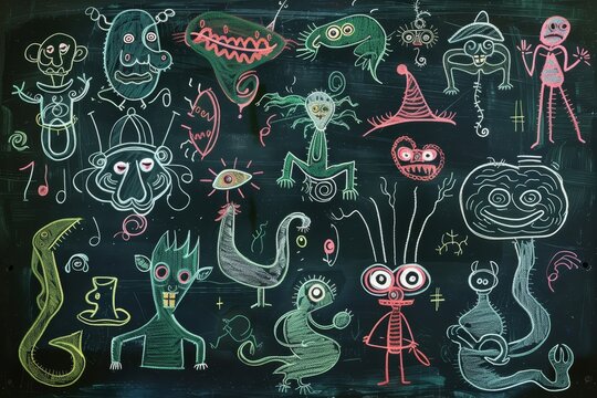 Whimsical chalkboard art depicting various cartoon monsters drawn in colorful chalk on a blackboard, A whimsical blackboard illustration featuring cartoon characters and playful doodles