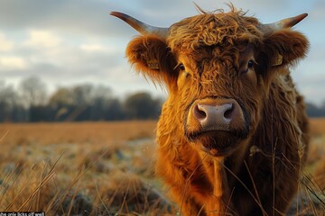 Highland cow in golden field at sunset