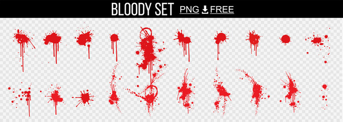 Set with blood stains and splashes on transparent background. Big bloody stains and marks. Dynamic...