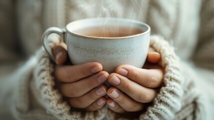 Cozy scene with hands holding a steaming cup of tea, wrapped in a warm sweater, evoking warmth and comfort.