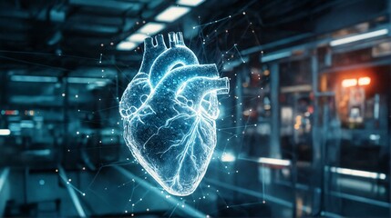 Glowing hologram of human heart, featuring neon diagrams and polygon interfaces. Intricate cardiovascular networks, innovative treatments