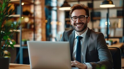 Fototapeta premium Portrait of smiling businessman in glasses working on laptop in his office