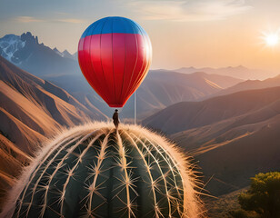 Obraz premium A fragile balloon teetering on a sharp prickly cactus represents the concept of fragility a_1(41)