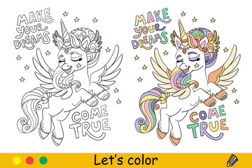 Kids coloring cute unicorn with lettering and hearts vector