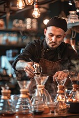 26. Portrait of an international barista demonstrating coffee brewing techniques, high detail, photorealistic, engaging atmosphere, bright lighting