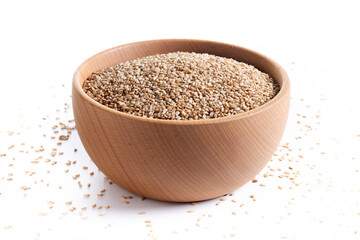 Rolled oats, healthy breakfast cereal oat flakes in bowl isolated on white background