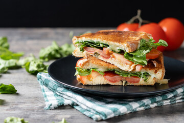 Healthy spinach, tomato and cheese sandwich on wooden table. Copy space