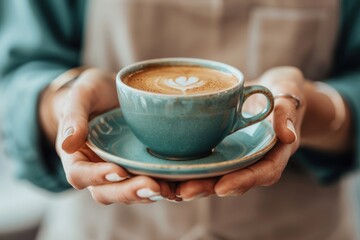 2. Close-up of a customer's hands holding a coffee cup with a saucer, high quality photo, photorealistic, bright environment
