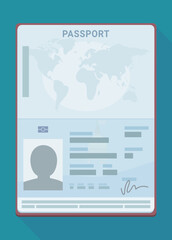 Open passport isolated in flat design style with long shadow