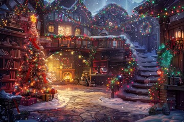 A festive Christmas scene featuring a fireplace crackling with fire and a beautifully decorated Christmas tree, A whimsical depiction of Santa's workshop adorned with sparkling Christmas lights