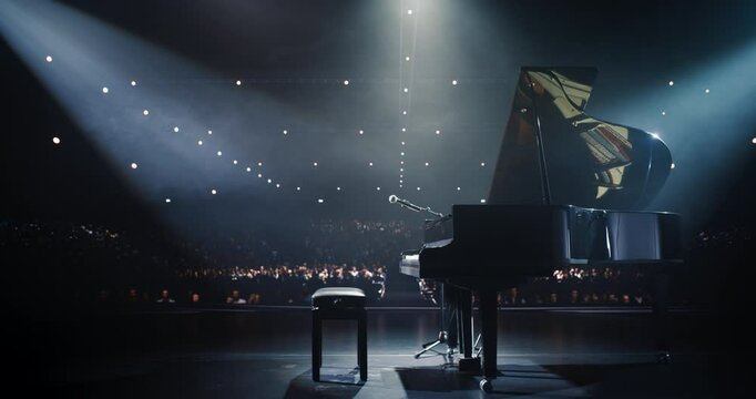 Establishing Footage with a Black Grand Piano with a Microphone Standing on a Concert Stage Under Spotlights. Music Instrument Ready to Be Used by an Extravagant Music Artist and Singer