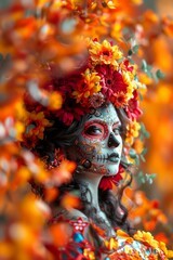 Dia De Los Muertos, La Catrina Makeup Portrait: A close-up of a woman with intricate Catrina makeup, adorned with vibrant flowers in her hair and traditional Mexican attire.