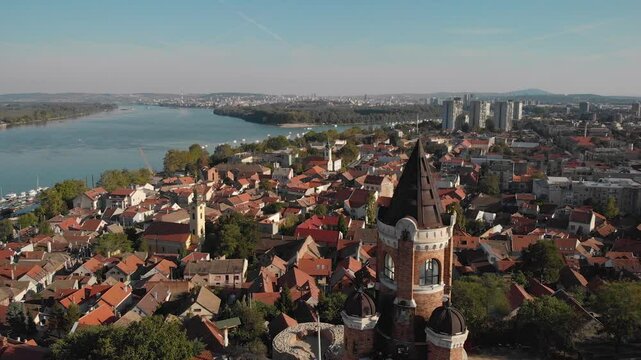 Establishing cinematic footage aerial view of Belgrade city from Zemun in Serbia. Flying by Gardos tower.