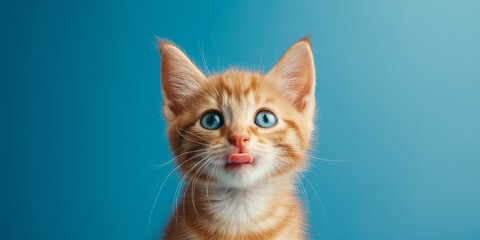 Obraz premium A cute orange cat with blue eyes is looking at the camera. The cat has a pink tongue sticking out of its mouth