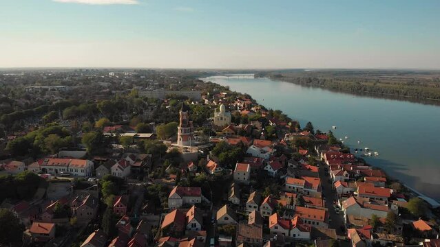 Establishing cinematic footage aerial view of Belgrade city from Zemun in Serbia.