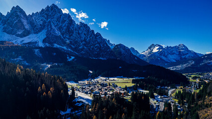 The Sappada valley among the Dolomites seen from above.