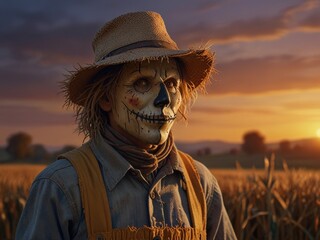 an ominous scarecrow on the evening field