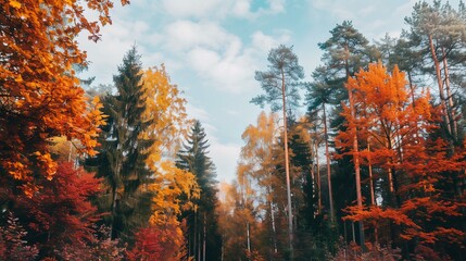 forest with trees in autumn foliage. Style: scenic and serene