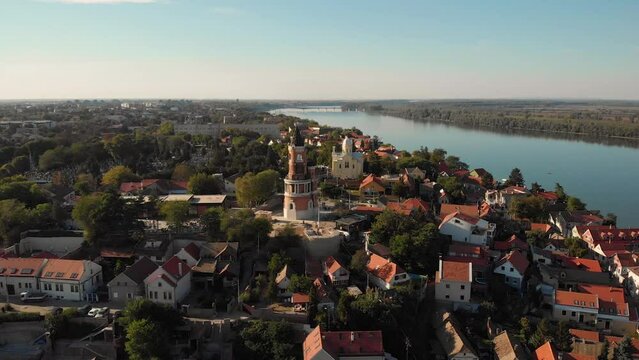 Establishing cinematic footage aerial view of Belgrade city from Zemun in Serbia.