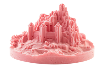 A detailed coral pink sand castle mold, perfect for creating intricate sand castles on the beach. Isolated on a transparent background