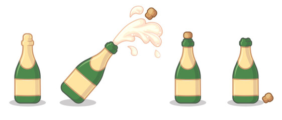 Set of opened and corked bottles of champagne on white background. Vector illustration for store, cafe, bar, party, cocktail recipe. Object for menu, poster, website, flyer, invitation,postcard, print