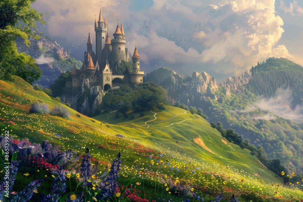 Wall mural A fairytale castle rises on a hill, A whimsical fairytale castle perched on a cliff overlooking a waterfall