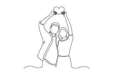 Single one line drawing of couple hugging while hands forming love and holding love. Couple in love spending time together. Happy family concept. Modern continuous line draw design graphic vector illu