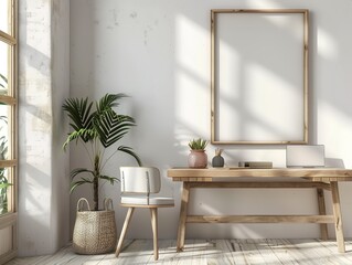 Modern mockup of an empty wooden frame on the wall above a minimalistic table in a bright Scandinavian interior design. Natural light from the window enhances the simplicity and elegance of the room.