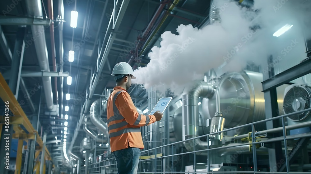 Poster Engineer uploading cooling system operation data to cloud computing system which modern industrial machines can operated controlled remotely via virtual interface IoT and modern indust : Generative AI