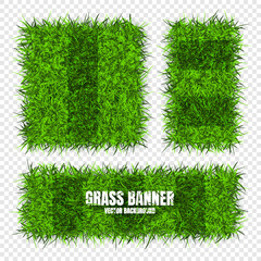 Green grass banners, background. Field, meadow texture, grassy landscape. Football playing pitch, soccer field. Sports ground, stadium. Ecology and environment protection. Vector illustration