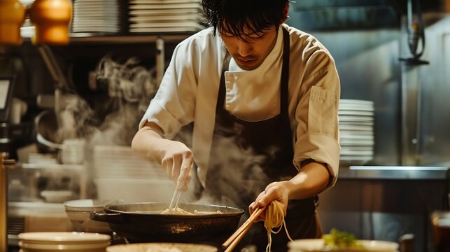A male cook serving ramen at a ramen restaurant : Generative AI