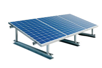 A close-up of a solar panel array mounted on a metal frame.  The panels are angled towards the sun, ready to generate clean energy.