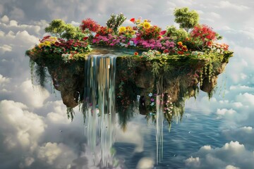 Island with flowers and waterfall floating in the sky, A whimsical floating island adorned with cascading waterfalls and vibrant flowers