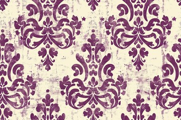 Small vector illustration of a damask pattern in distressed plum and cream colors, creating a vintage and elegant look.