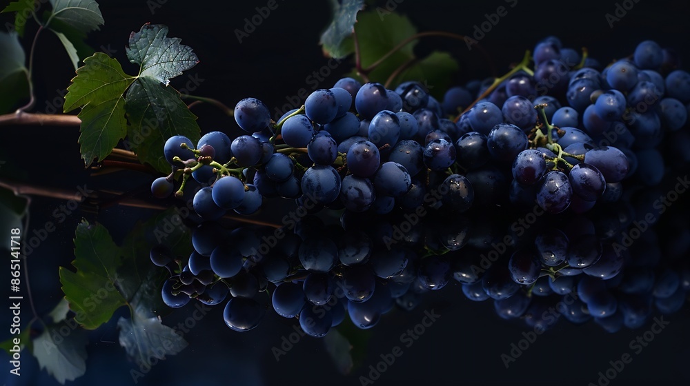 Poster Blue grapes and vine branches on a black reflective background Copy space : Generative AI