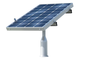 A single solar panel mounted on a metal pole, angled towards the sun.