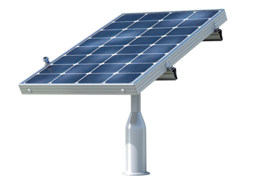 A single solar panel mounted on a metal pole, angled towards the sun.