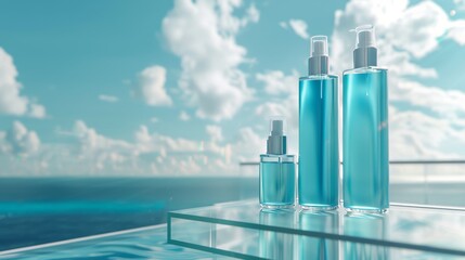 Obraz premium Ocean Breeze Beauty Trio of Sleek Cosmetic Spray Bottles on Glass Shelf Refreshing Hydration Concept
