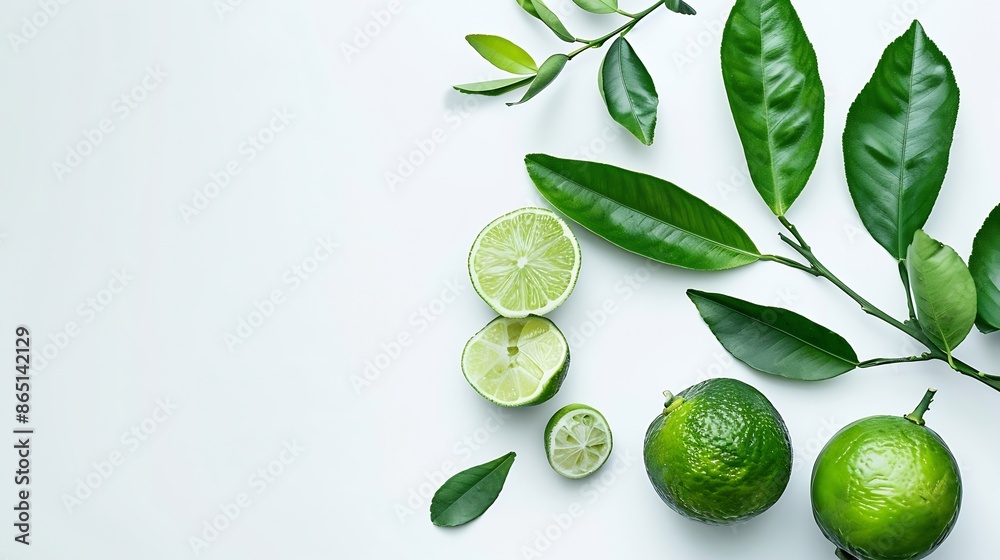 Poster Fresh limes with green leaves on branch and cut in half sliced isolated on white background : Generative AI