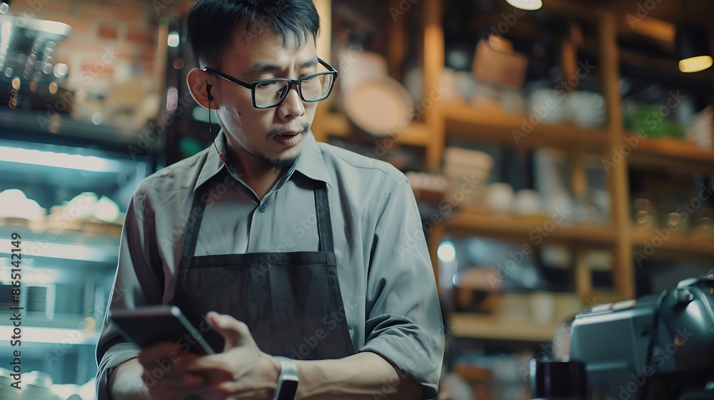 Poster business owner phone call and tablet for restaurant cafe order or catering logistics in startup supp