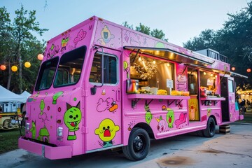 Pink Food Truck Parked on Road, A whimsical food truck with a whimsical, cartoonish design, serving up playful and creative dishes