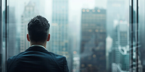 Fototapeta premium Thoughtful Businessman Staring at Skyscrapers from Window