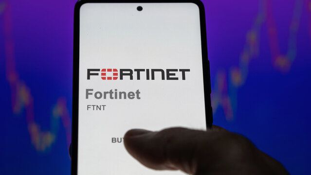 April 09th 2024 , Sunnyvale, California. Close up on logo of Fortinet on the screen of an exchange. Fortinet price stocks, $FTNT on a device.