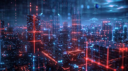 Obraz premium Glowing Grids Futuristic Cityscape Illuminated by Digital Innovation