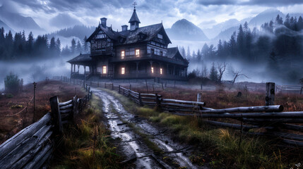 Fototapeta premium Explore a Haunted House with a Creepy Butler for a Spooky and Fun Halloween Night Adventure Perfect for Thrill Seekers and Families, Complete with Chilling Decorations and Eerie Atmosphere