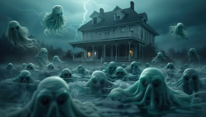 Ghosts Floating Around a Haunted House Dark and Eerie Halloween Scene with Spooky Spirits and Creepy Shadows, Perfect for Haunted Holiday Imagery and Terrifying October Decorations
